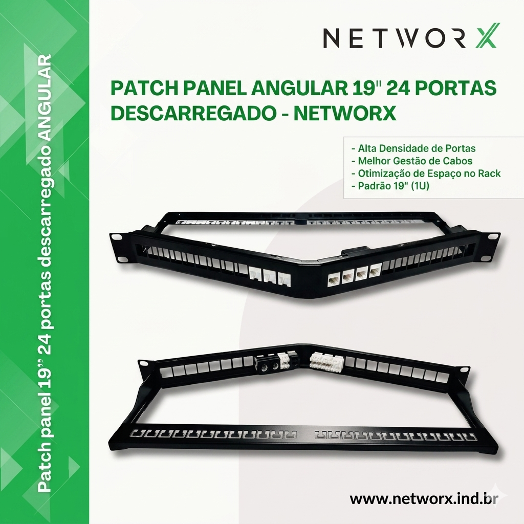 Patch Panel Angular 19″ 24 Portas Descarregado 1U – Networx – Networx
